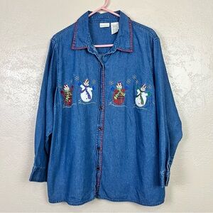 White Stag Button-Up Tunic Denim Shirt Women's Plus 18 W/ 20W Snowman Embroidery